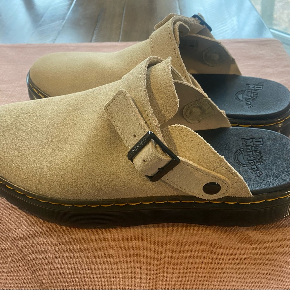 Dr. Martens Beige Suede Buckle Clog Mules